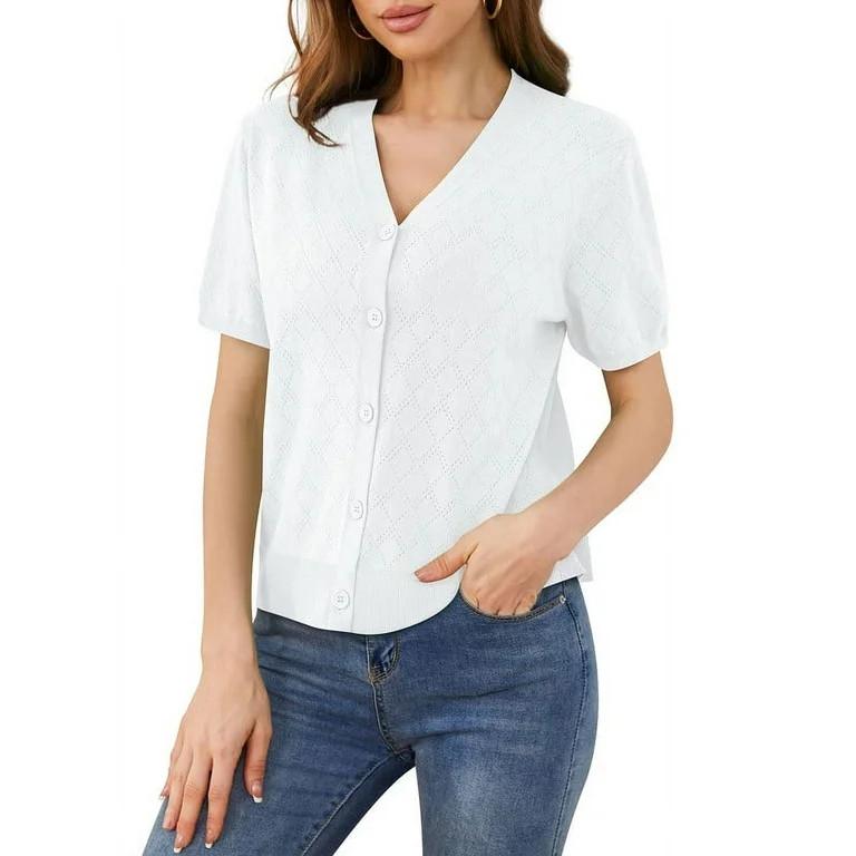 Uvplove Women's V Neck Crochet Knit Cardigan Short Sleeve Open Front Button Down Hollowed Out Sof... | Walmart (US)