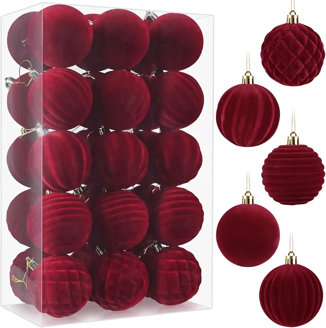 30pcs Velvet Christmas Ornaments Balls, 2.36 Inch Flocked Red Shatterproof Baubles with Hanging S... | Amazon (US)