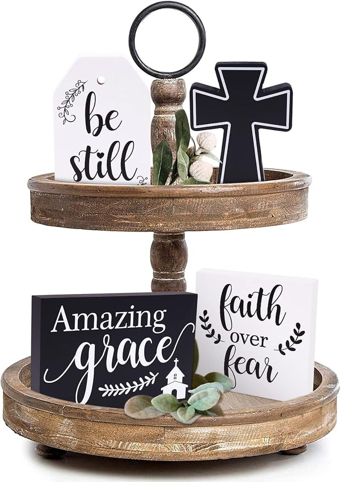 Zingoetrie Tiered Tray Decor Be Still Faith Over Fear Amazing Grace Wooden Cross Farmhouse Rustic... | Amazon (US)