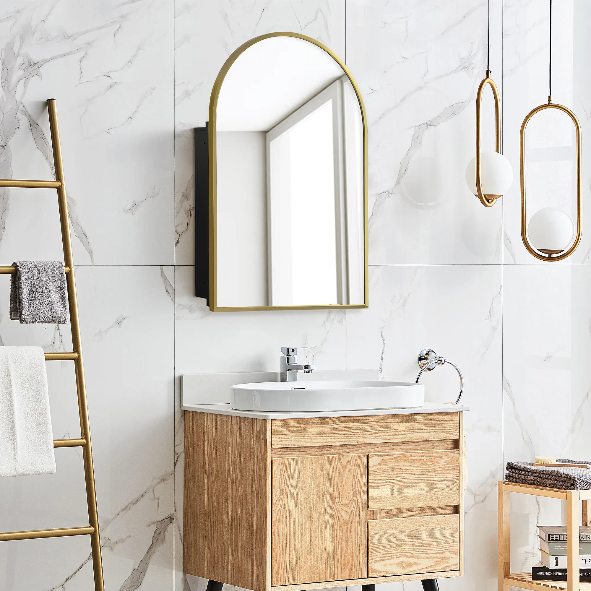 Dovelina Feronia Medicine Cabinet with Mirror, Gold | Ashley
