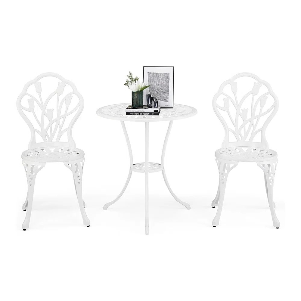 All-Weather Cast Aluminum Outdoor Bistro Set – Tulip Table With 2 Chairs, White | Wayfair North America