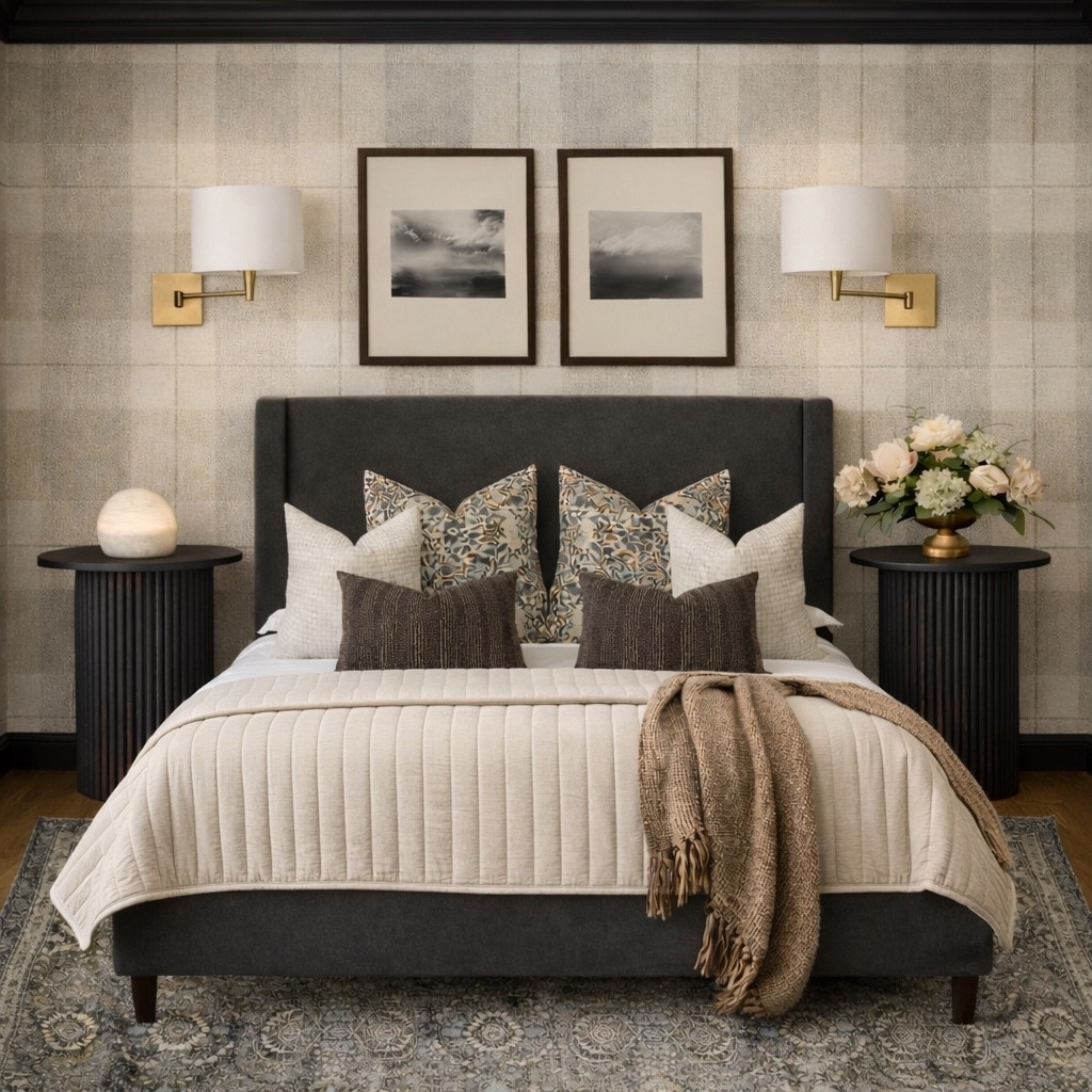 Bedroom, guest bedroom, wallpaper, plaid wallpaper, upholstered bed