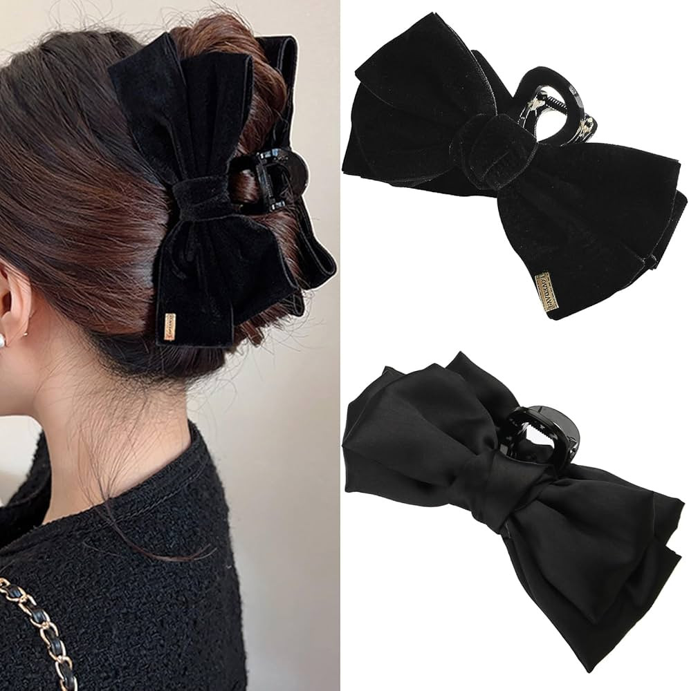 Black Bow Hair Clips for Women Girls 2Pcs Velvet Silky Satin Bow Claw Clip for Long Curly Thick T... | Amazon (US)