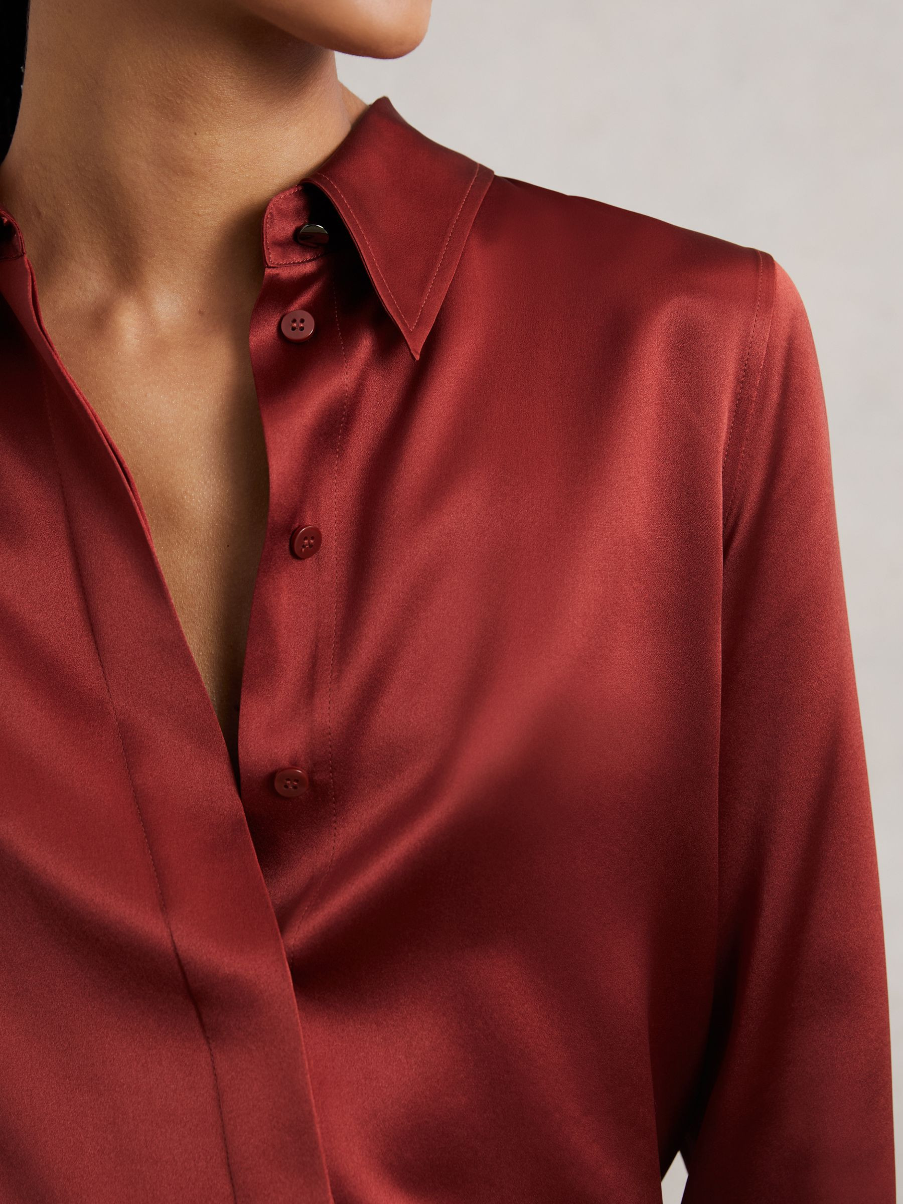 Silk-Satin Concealed-Placket Shirt in Dark Red | Reiss UK