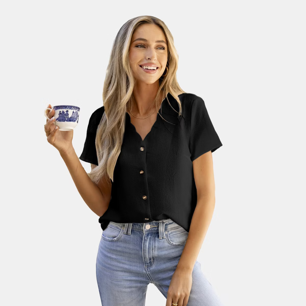 Cupshe Women's Scalloped V-Neck Blouse Shirt-M-Black | Target