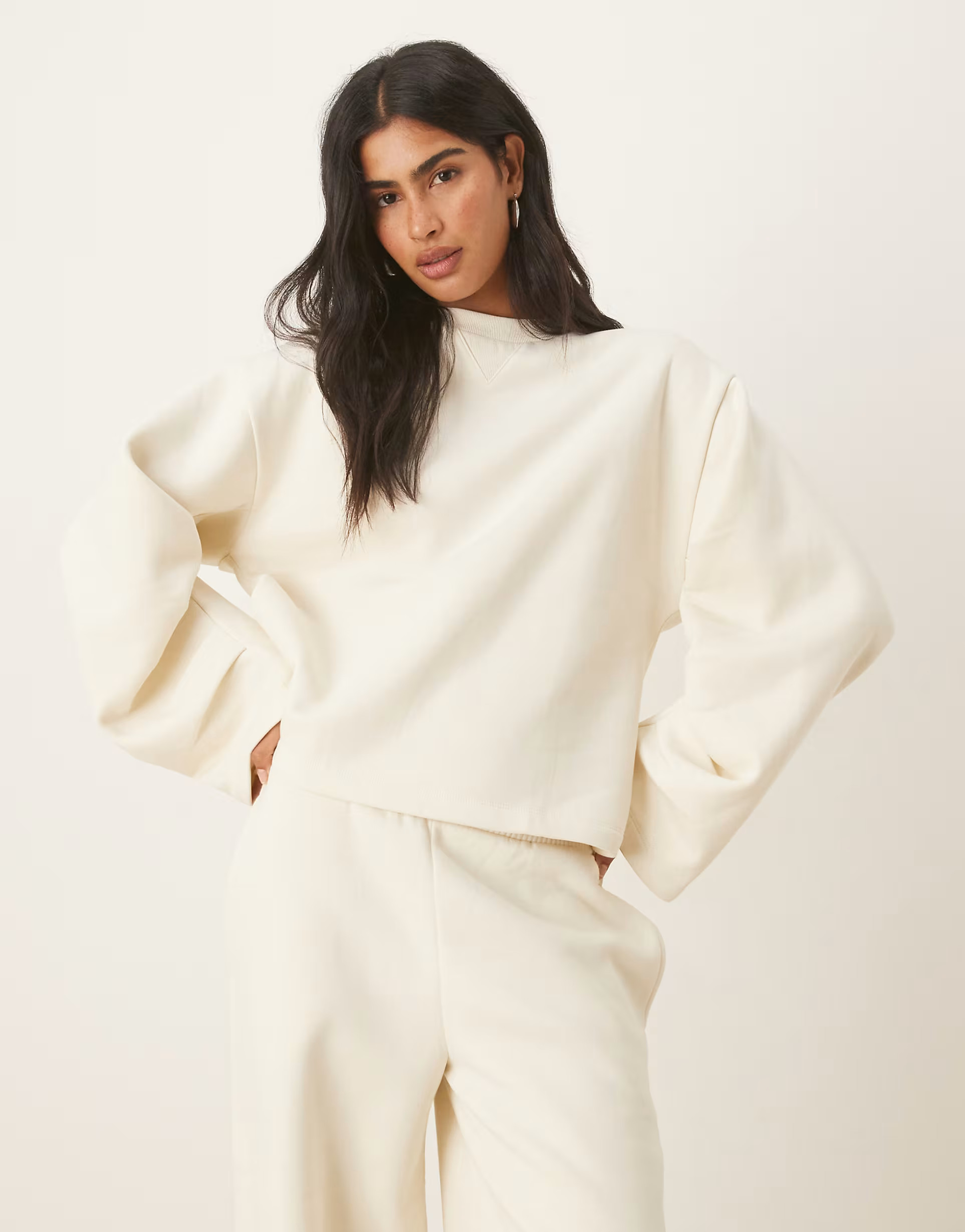 ASOS DESIGN oversized brushback sweat with ruched sleeve detail in cream | ASOS (Global)