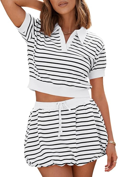 Fisoew Womens Striped 2 Piece Outfits Casual Short Sleeves T Shirts Bubble Mini Skirt Sets Workou... | Amazon (US)