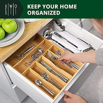 Luxury Bamboo Kitchen Drawer Organizer - Silverware Organizer and Cutlery Tray with Grooved Drawer D | Amazon (US)