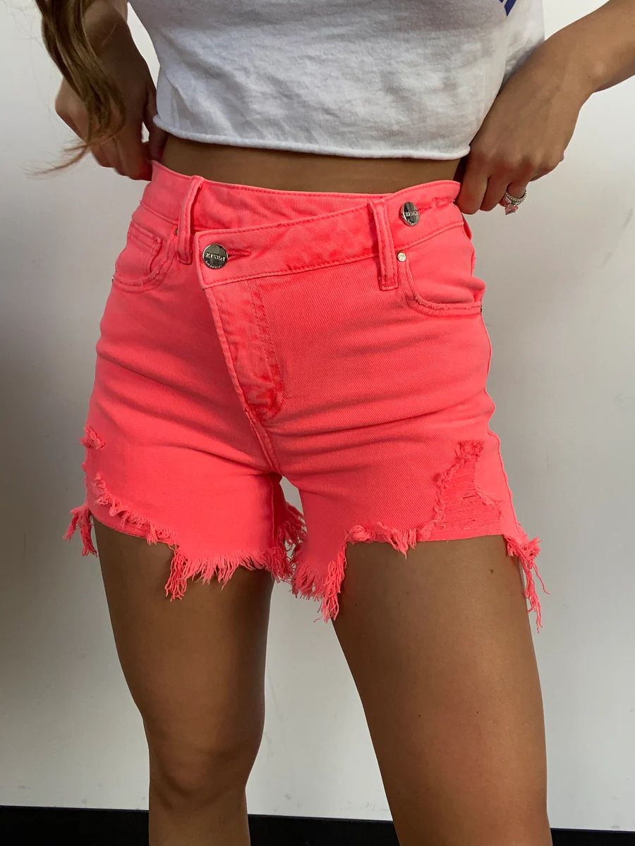 Lindsey Asymmetrical Distressed Shorts- Coral Pink | Willow Boutique