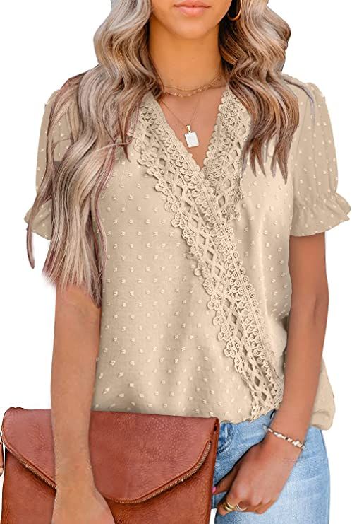 LOLONG Womens Short/Long Sleeve Tops V Neck Chiffon Blouses Dressy Casual Lace Pom Poms Shirts | Amazon (US)