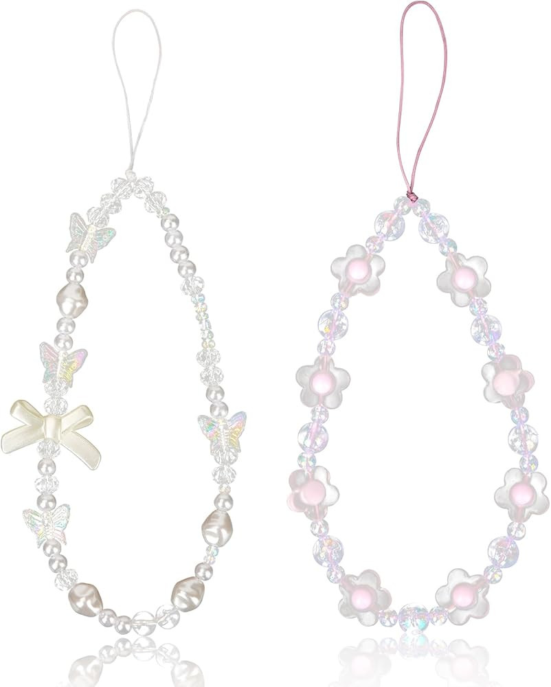 2pcs Beaded Phone Bracelet Strap, Crystal Butterfly Flower Pearl Phone Beaded Wrist Strap Phone B... | Amazon (US)