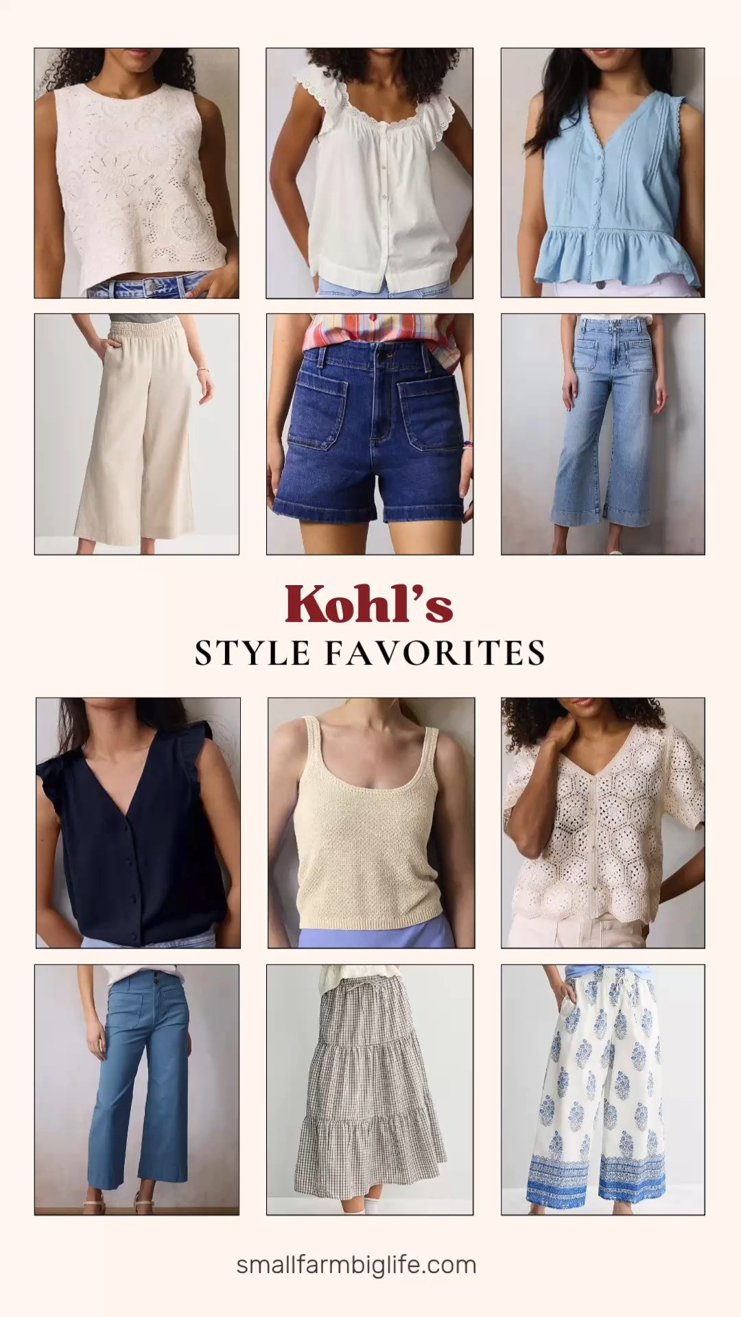 Kohl's has some really beautiful style picks right now and this round up has something for every summer occasion. I rounded up twelve pieces including ruffle shoulder and pintuck tank tops in navy and white, a scoopneck sweater tank and crochet sweater tank in beige and cream, a button front short sleeve crochet sweater, dark wash and light wash Wildflower wide leg cropped denim shorts and pants, a super high rise wide leg crop in blue, pull on linen blend pants in beige, a lace trim pintuck v neck tank in light blue, a tan and cream plaid tiered midi skirt, and a blue and white smocked waist wide leg pant. The Wildflower denim styles are some of my favorites in this round up for their flattering high rise fit and the crochet pieces are so perfect for summer. Tap to shop! 

 #LTKootd #LTKSeasonal #LTKSaleAlert
