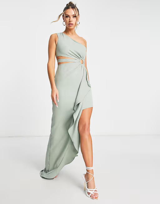 Trendyol one shoulder maxi dress with ruffle detail in sage | ASOS (Global)