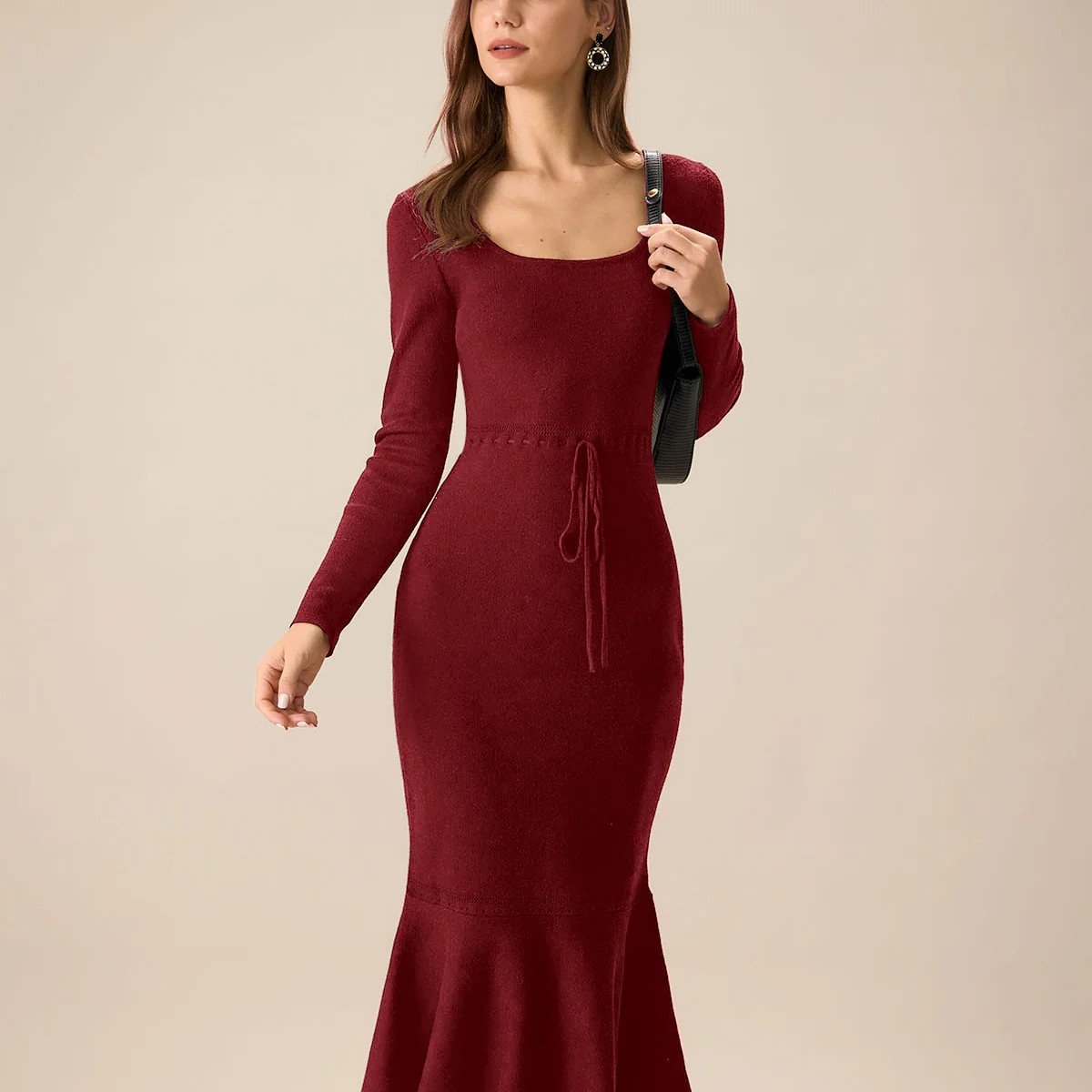 Red Square Neck Mermaid Sweater Dress & Reviews - Red - Dresses | RIHOAS | rihoas.com