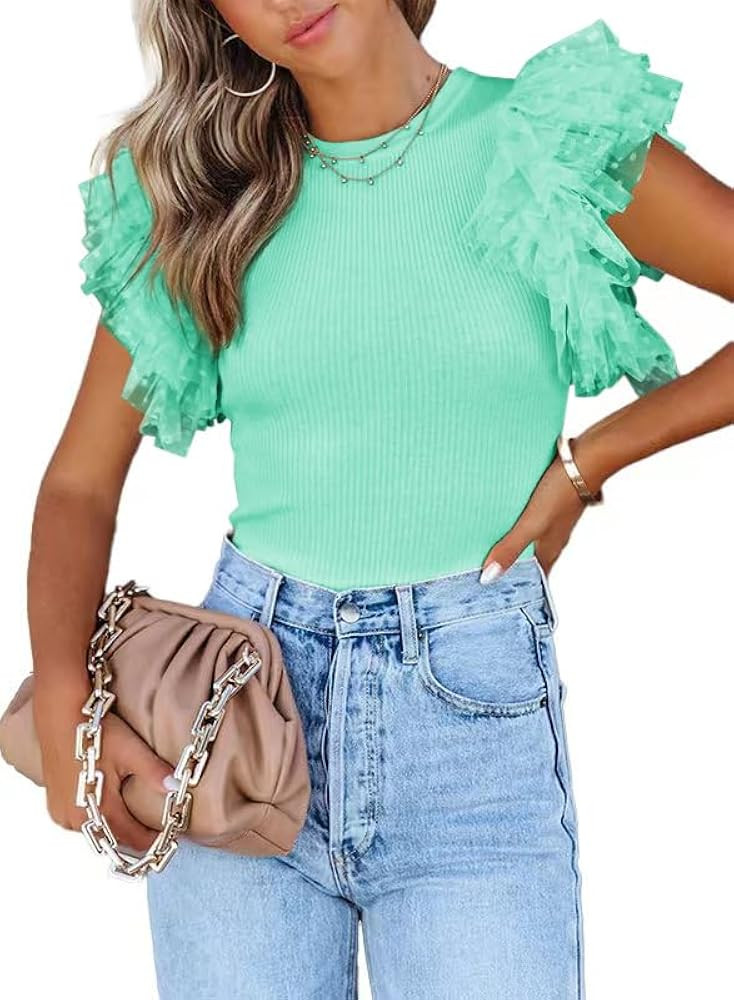 Womens Ruffle Short Sleeve Tops Summer Casual Crew Neck Tops T Shirts | Amazon (US)