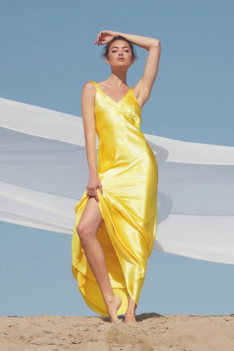Perfectly Classy Yellow Satin Strappy Maxi Dress | Lulus (US)