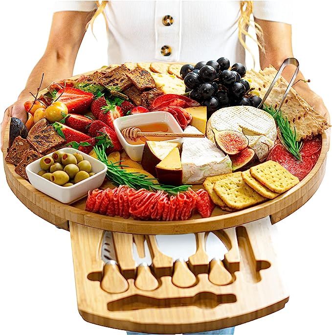 Large Round Charcuterie Board Set - 16 In, Round Cheese Board and Knife Set, Large Charcuterie Bo... | Amazon (US)