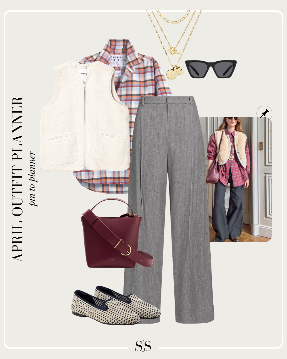 Monthly outfit planner APRIL Spotlight: Spring transitional looks, pin to planner outfit inspo | fleece Sherpa vest, gray trouser, plaid button down, printed loafer, burgundy bag 

#springoutfit #casualstyle #layeredlook

#LTKStyleTip