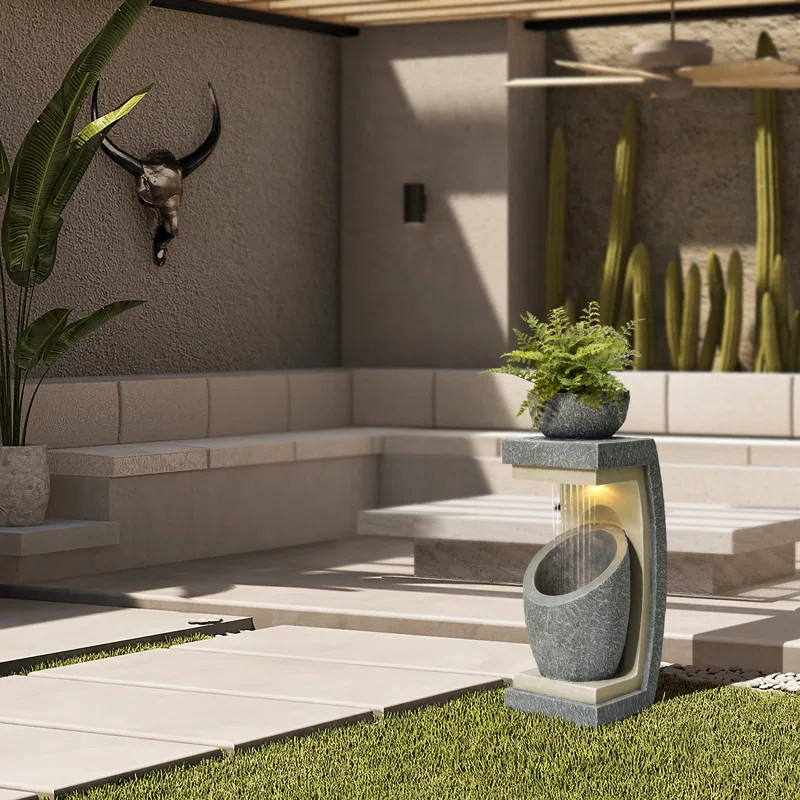 17 Stories Abdulameer 32 Inch Gray Resin Column and Bowl Sculpture Raining Water Outdoor Fountain... | Wayfair North America
