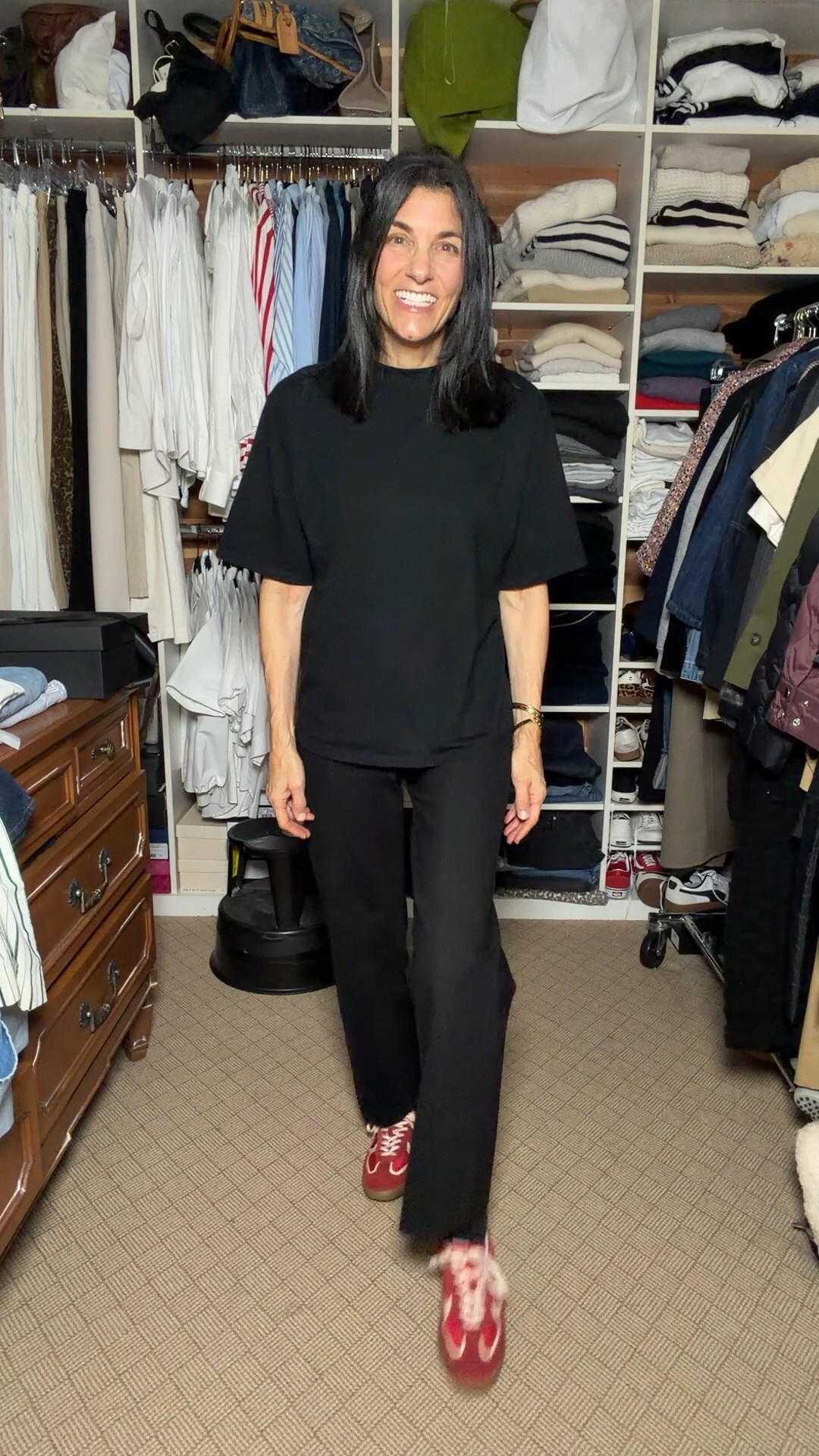 In all black with a pop of red 