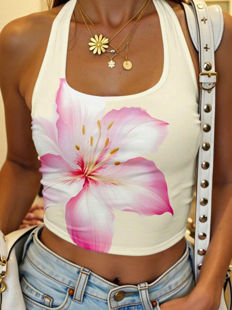 SHEIN EZwear Women's Casual Floral Print Tight-Fitting Halter Neck Tank Top For Summer | SHEIN