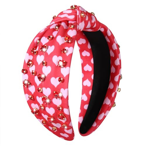 Heart Headband Valentines Day Heart Rhinestone Jeweled Knotted Headband Pink Heart Print Wide Knot Headband Accessories Cute Valentines Holiday Costume Decoration Gift for Women Girls | Amazon (US)