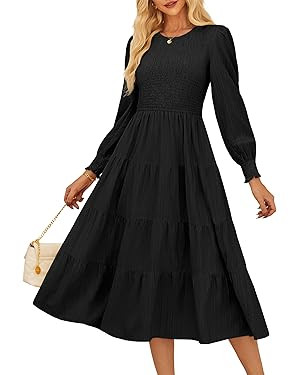 GRACE KARIN Women's Fall Long Sleeve Dresses, 2025 Wedding Guest Midi Dress, Smocked A Line Flowy... | Amazon (US)