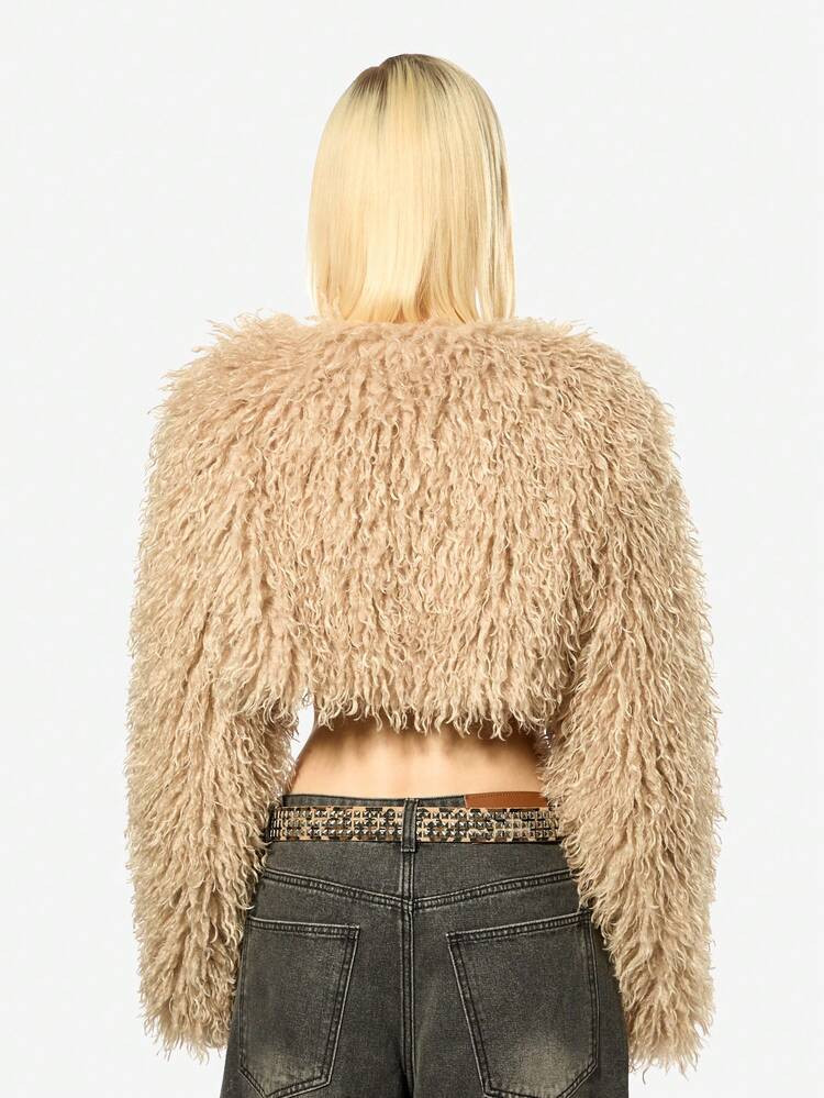 SUMWON WOMEN Luxurious Faux Fur Cropped Shrug Long Sleeve Winter Fashion Bolero Jacket Plush Teddy Bear Fuzzy Evening Party Club Wear Statement Piece | SHEIN