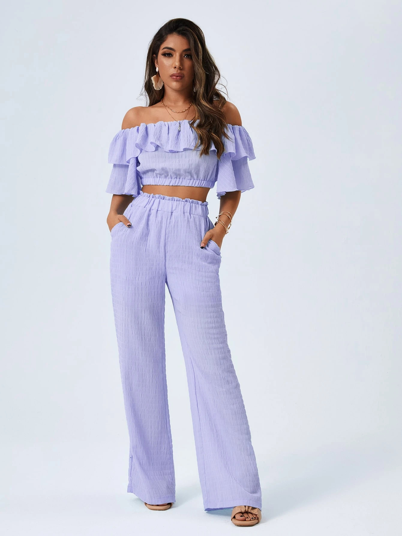 Off Shoulder Crop Top & Paperbag Waist Pants Set | SHEIN