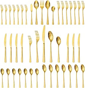 45 Piece Gold Silverware Set with Serving Utensils, 18/10 Stainless Steel | Hammered Ripple Handl... | Amazon (US)