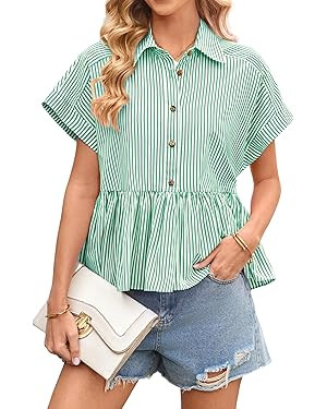 Women Striped Button Down Shirts Cute Babydoll Short Sleeve Ruffle Hem Top Trendy Summer Peplum B... | Amazon (US)