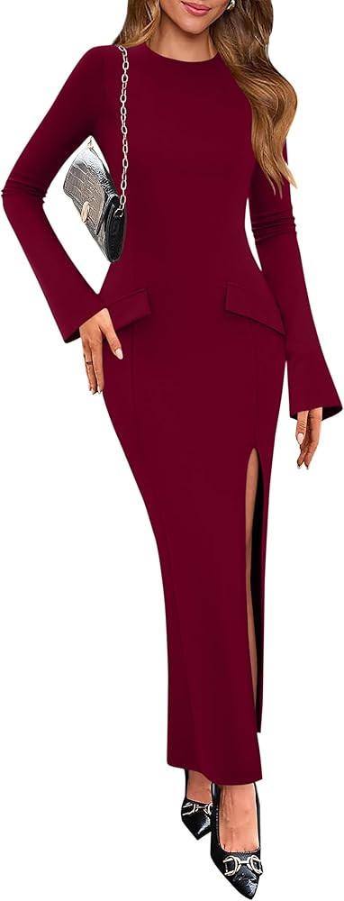 Lazysmile Fall Dresses for Women Long Sleeve Mock Neck Buckle Back Backless Bodycon Split Cocktai... | Amazon (US)