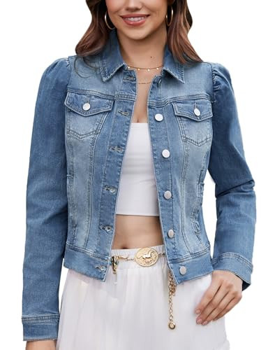 Anienaya Women's Jean Jacket Cropped Denim Jackets Stretchy Puff Long Sleeve with Pockets Gray Blue X-Small | Amazon (US)