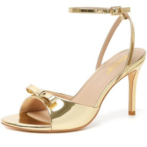 RIBONGZ Women's High Gold Heels Round Open Toe Sexy Kitten Sandals Stiletto Heeled Pumps Ankle Strap Bridal Shoes with Bow Summer Wedding Party Casual Office Work 9 | Amazon (US)