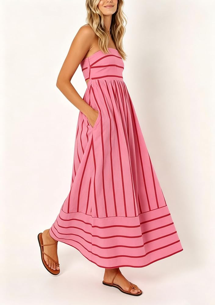 chouyatou Women's Striped Back Smocked Maxi Dress Sexy Spaghetti Strap Cut Out Flowy Swing Long D... | Amazon (US)