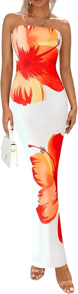 PRETTYGARDEN Strapless Bodycon Summer Dresses for Women 2025 Floral Mesh Tube Top Long Party Cock... | Amazon (US)
