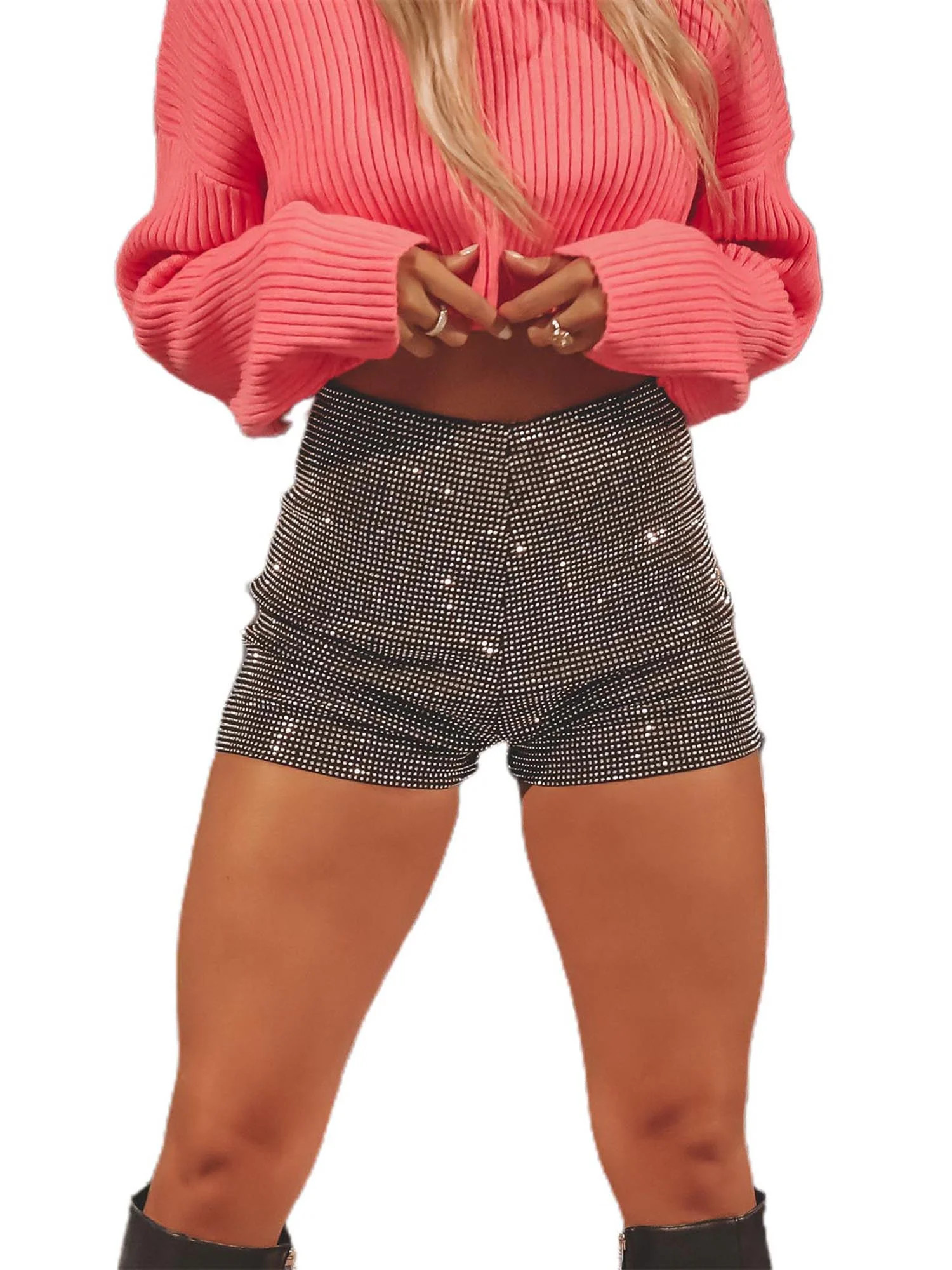 Women High Waist Sequin Shorts Glitter Straight Leg Zipper Party Shorts Rhinestones Sparkle Mini ... | Walmart (US)