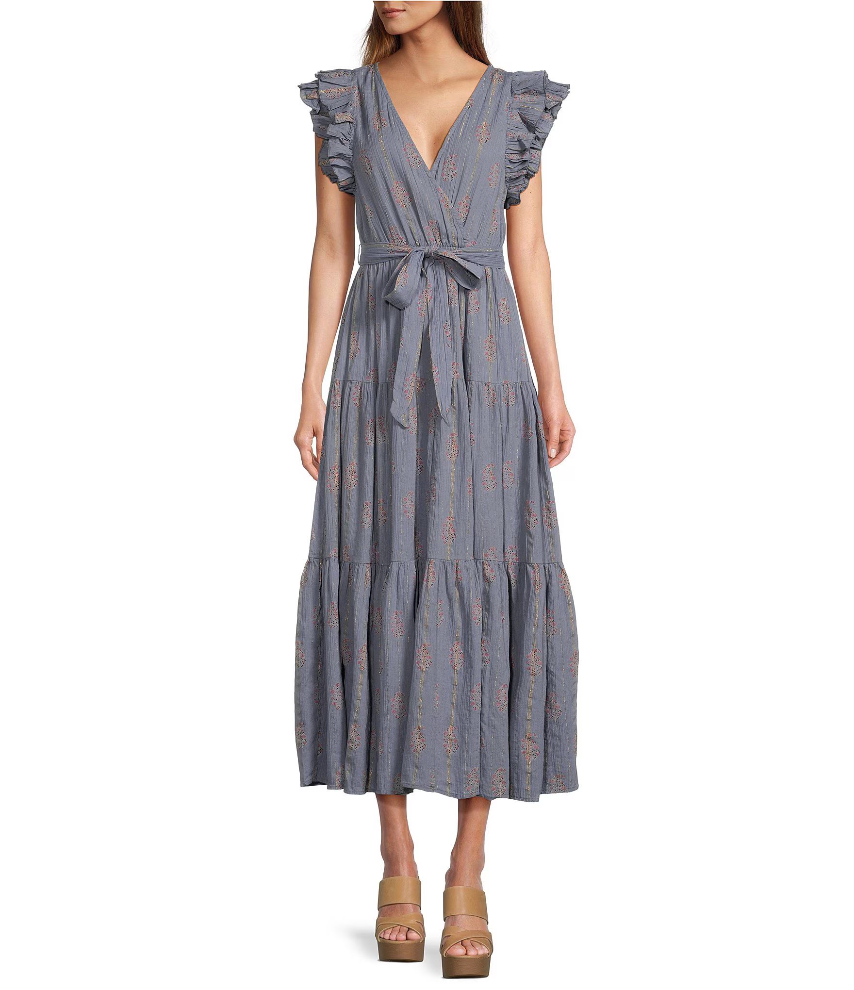 Floral Metallic Striped Print Surplice V-Neck Short Ruffled Sleeve Tiered Maxi Dress | Dillard's