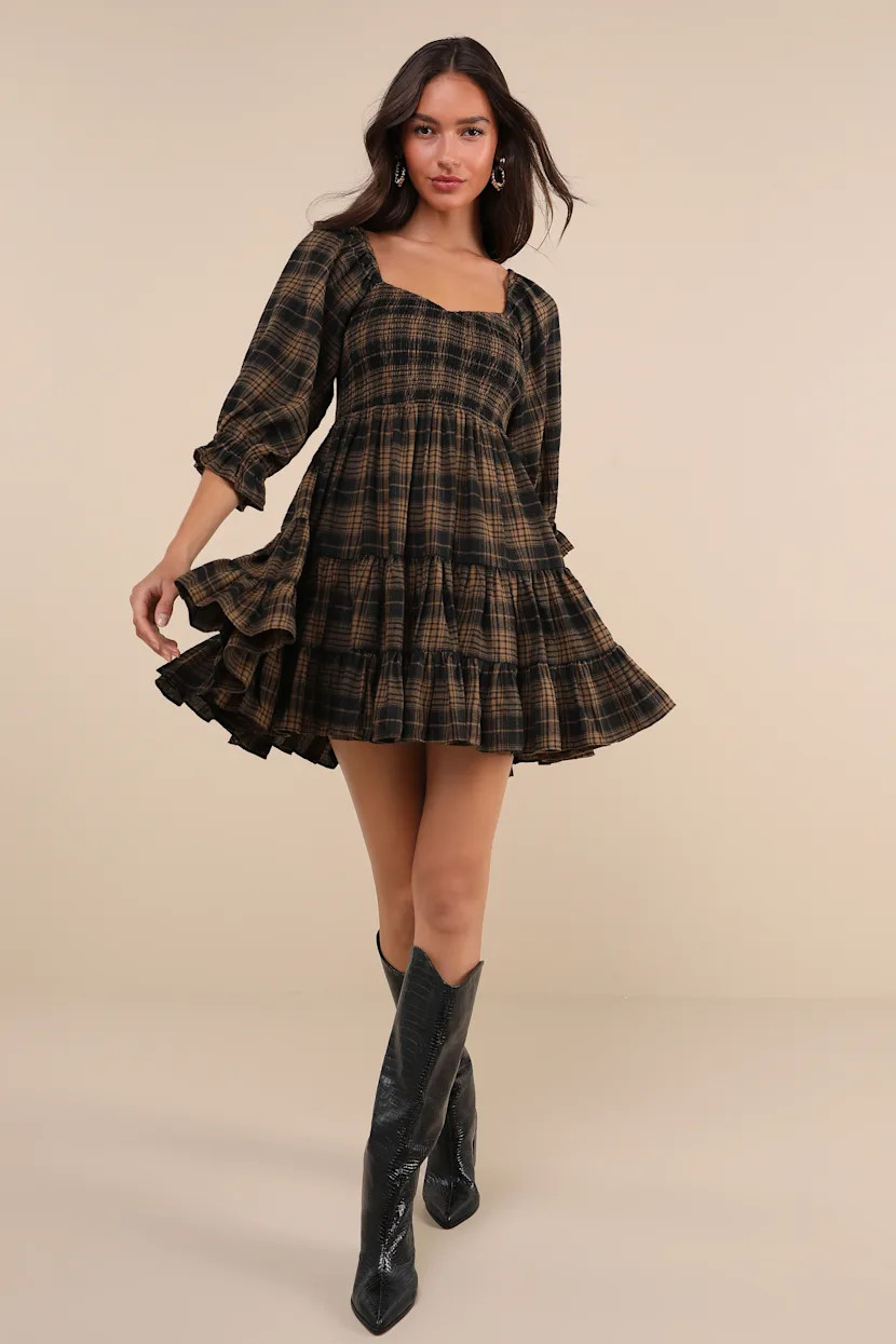 No One Cuter Black and Tan Plaid Puff Sleeve Tiered Mini Dress | Lulus