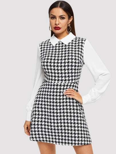 Contrast Collar and Sleeve Houndstooth Dress | SHEIN