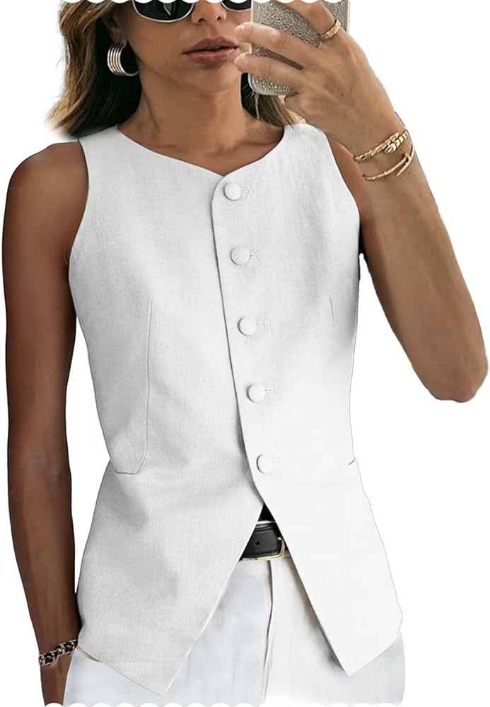 Women's Linen Waistcoat Slim Fit 5 Button V-Neck Dressy Suit Vest | Amazon (US)