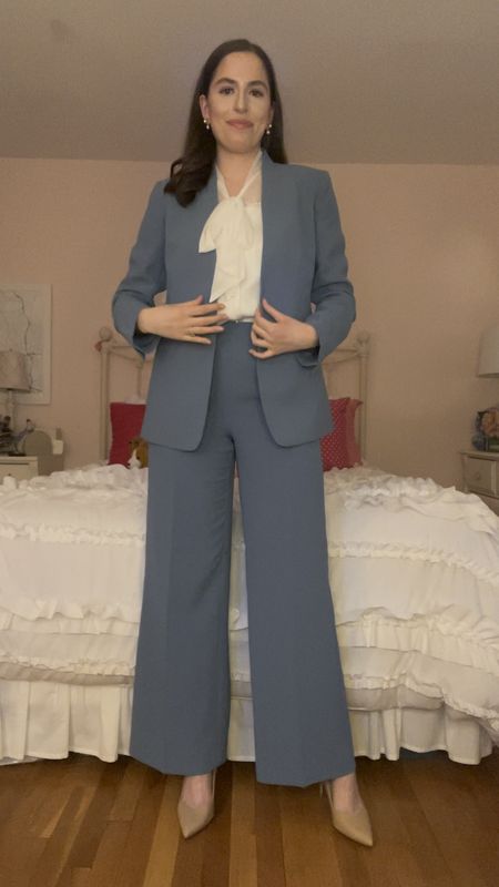 Lawyer, attorney, law firm, court, suit, suiting, Ann Taylor suit, blue suit, high waisted pants, work pants, blazer, blue blazer, blue pants, Sarah flint, bow shirt, tie neck shirt, nude pumps, comfortable nude pumps

#LTKfindsunder100 #LTKSeasonal #LTKworkwear