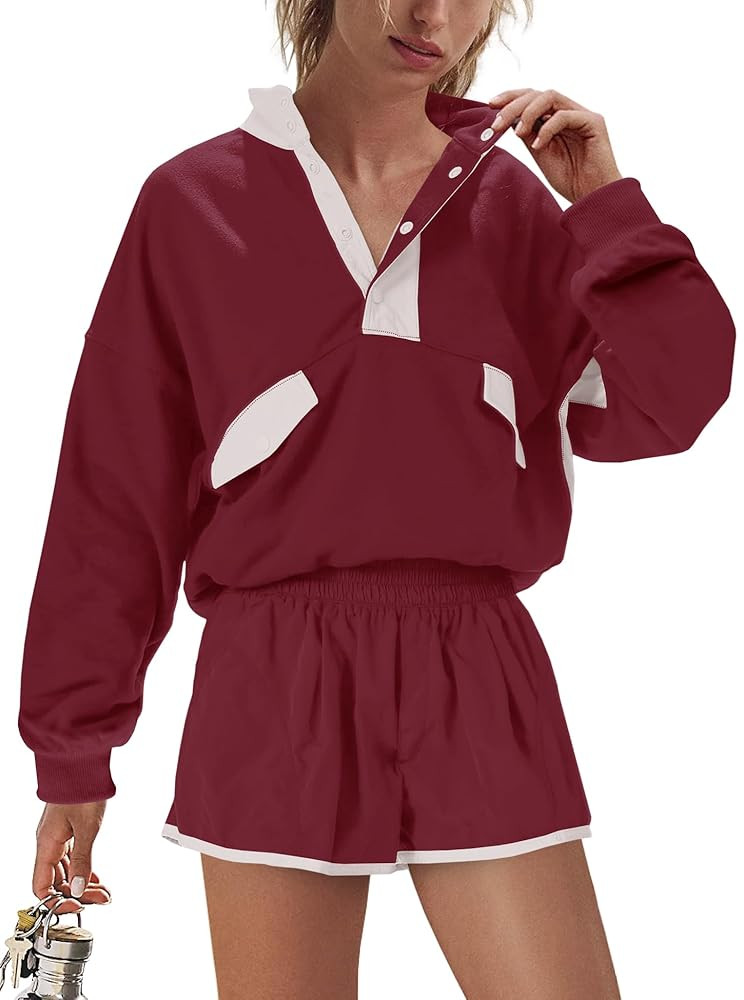 LAMISSCHE Work out Sets Gym for Women Sweatsuits 2 Piece Set Long Sleeve Top & Shorts Active Wear... | Amazon (US)