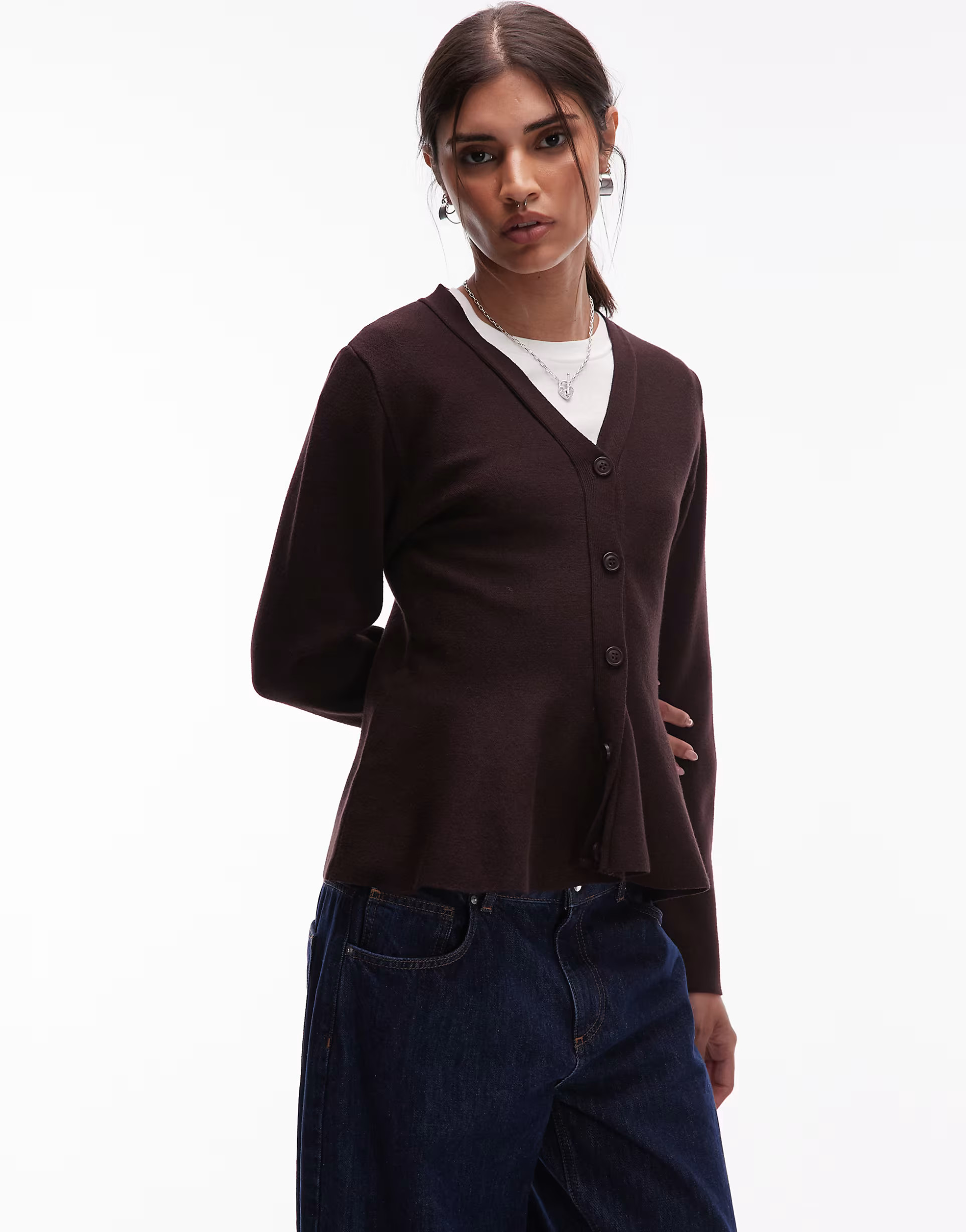ASOS DESIGN knitted cardigan with sculpted hem in brown | ASOS (Global)