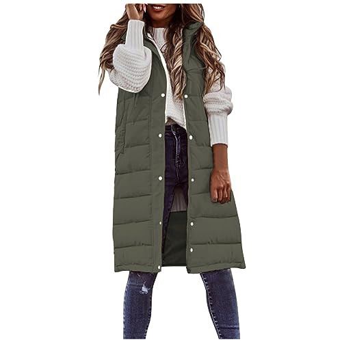 Smoneyful Women's Long Vest Sleeveless Lightweight Puffer Jacket Packable Hooded Down Coat Quilted Vest with Hood Winter Army Green | Amazon (US)