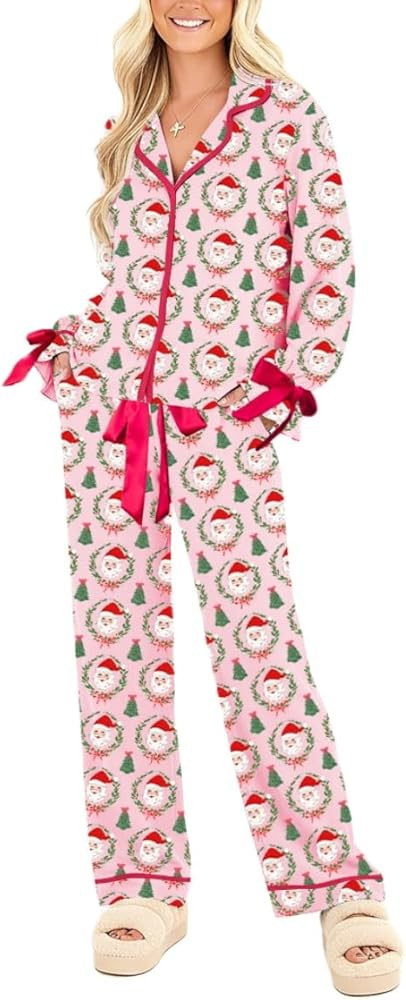 Argeousgor Christmas Pajamas for Women Bow Tie Long Sleeve Shirt Pants Satin Silk Funny Graphic 2... | Amazon (US)