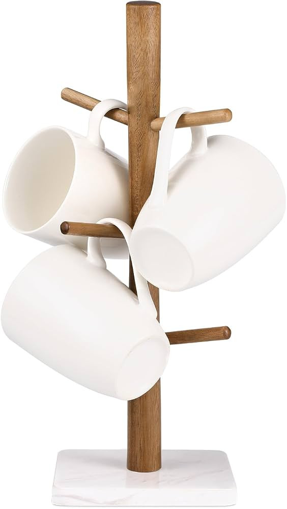 Buruis Wood Mug Holder, Marble Base Cup Rack Tree, Mug Stand Hanger, Kitchen Coffee Mug Tree Coun... | Amazon (US)
