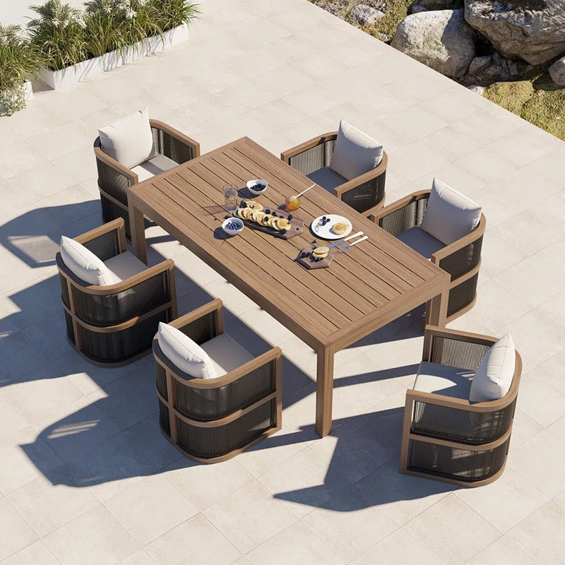 7 Pieces Outdoor Dining Set For 6 With Rectangle Table & Rope Woven Armchair In Natural | Wayfair North America