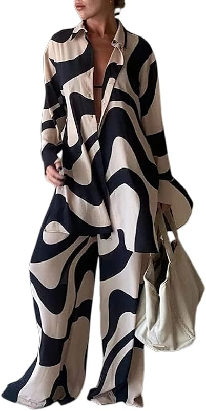 Akivide Womens 2 Piece Pants Outfits Set Stripe Long Sleeve Button Down Shirts Blouses Tops Wide ... | Amazon (US)