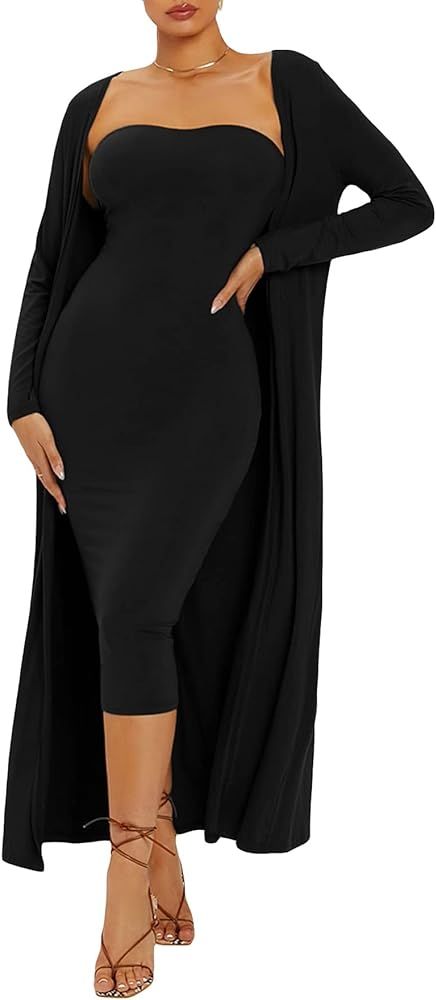 Verdusa Women's Strapless Split Bodycon Tube Dress and Long Sleeve Cardigan 2 Piece Outfit | Amazon (US)